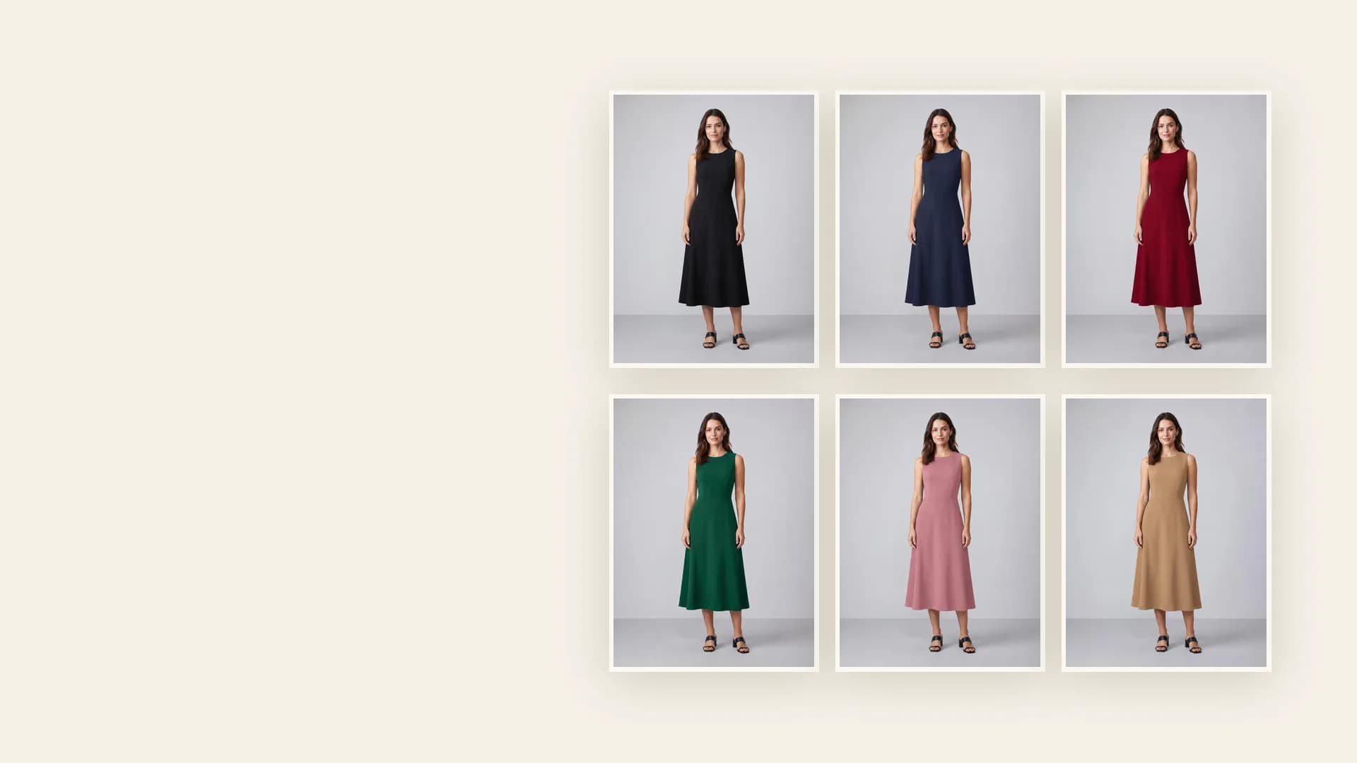 The black dress and the five colors Acuarela made from it: navy, burgundy, emerald green, dusty rose and camel